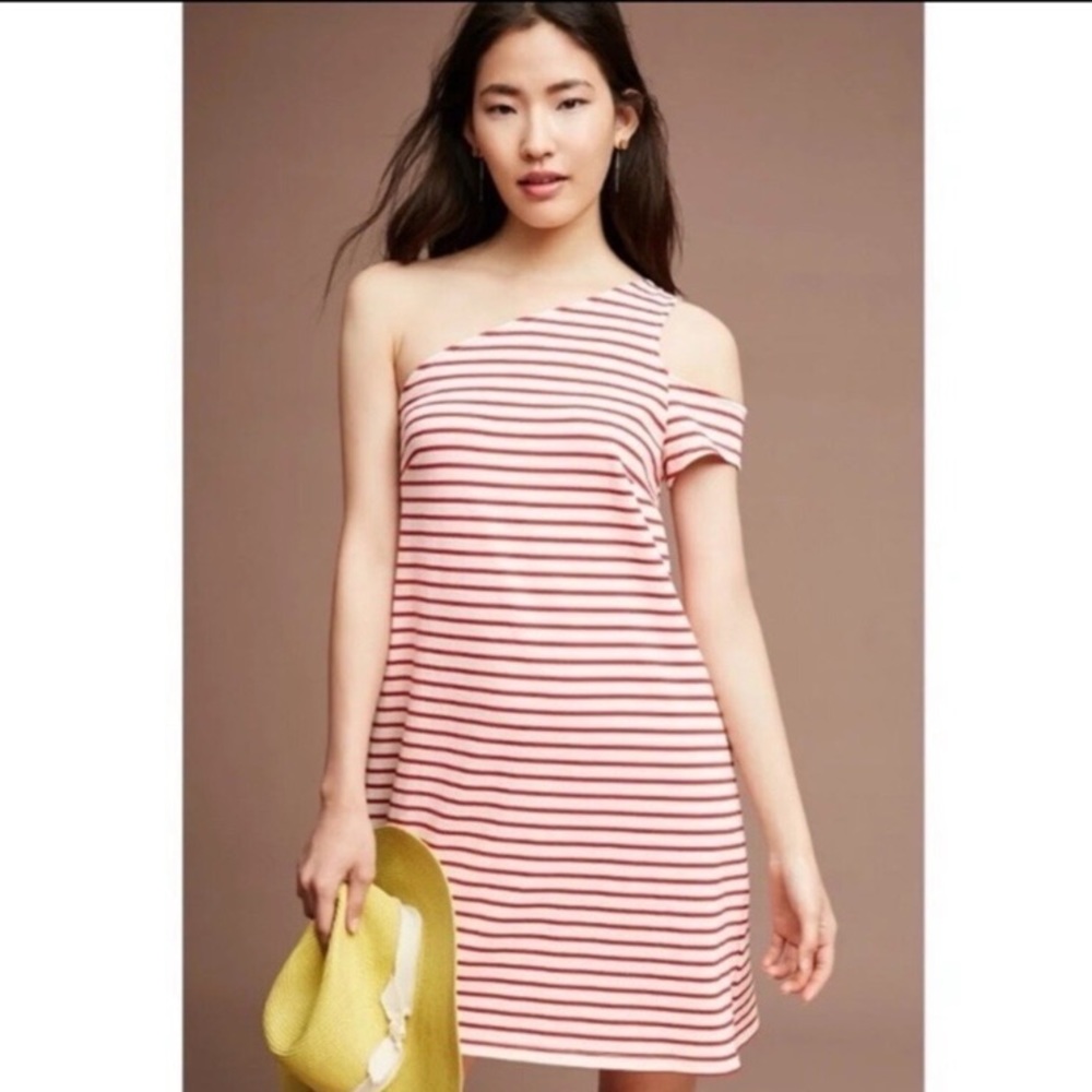 Anthropologie Maeve one shoulder shirt dress size small red stripe 100% cotton
